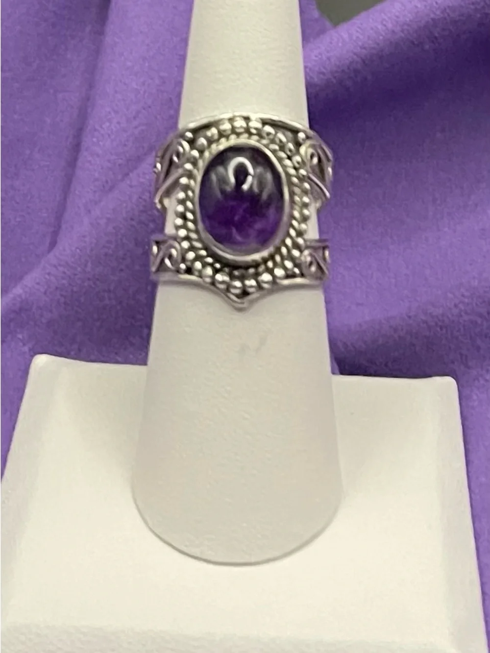 Vtg  SS  oval, amethyst statement, ring size 7 Boho wide band.   8.34  grams